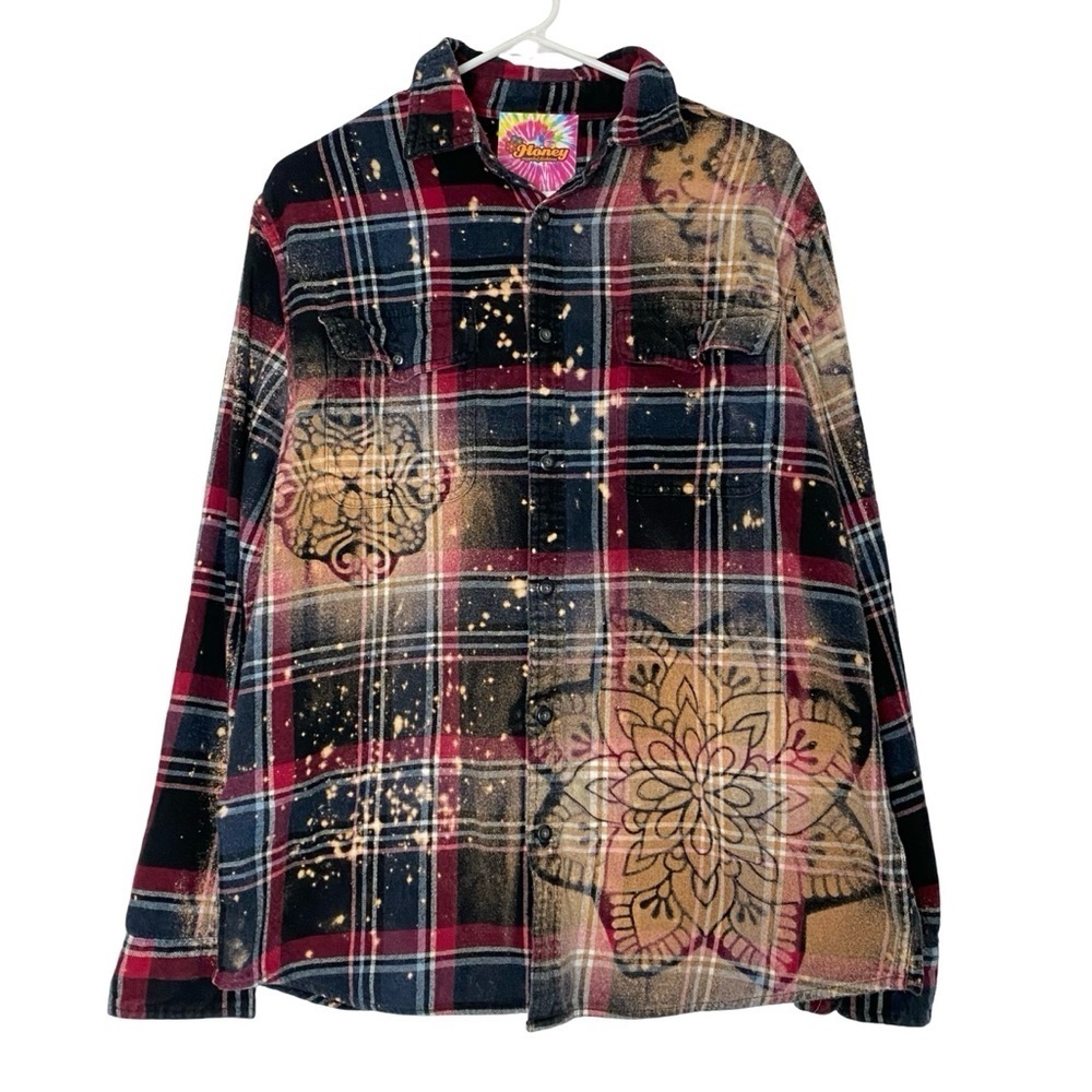 Upcycled Floral Flannel Shirt Mens Size Large Unisex Bleached Plaid Button Down